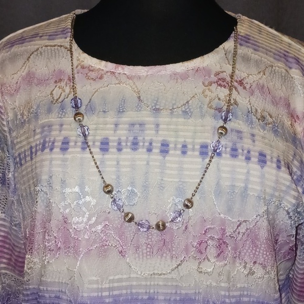 Alfred Dunner Petite Floral Lace Top 3/4 Sleeve‎ Purple Lavender Blouse